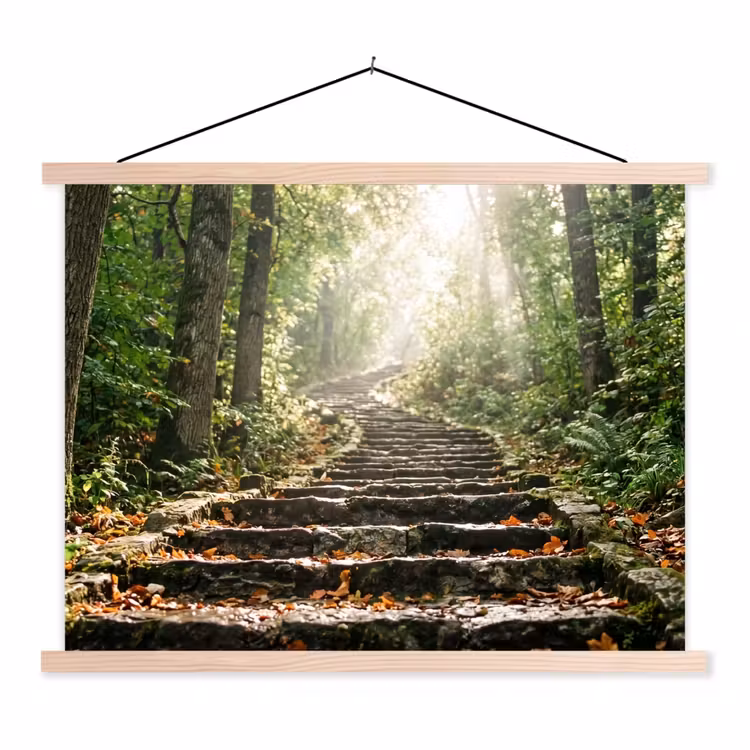 Stenen - Trap - Bos - Natuur textielposter latten blank klein -3d