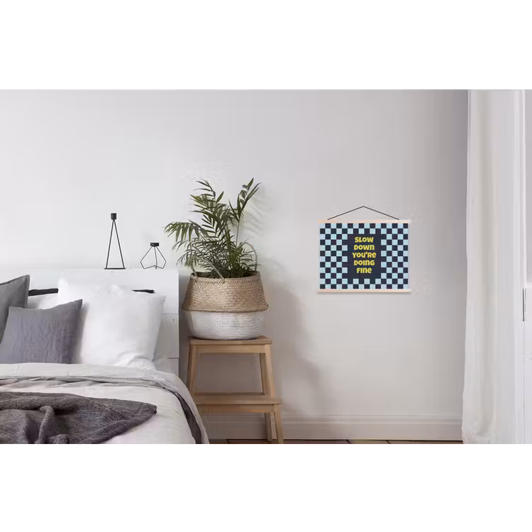 Patroon - Geblok - Blauw - Slow down you're doing fine textielposter latten blank klein -woonkamer