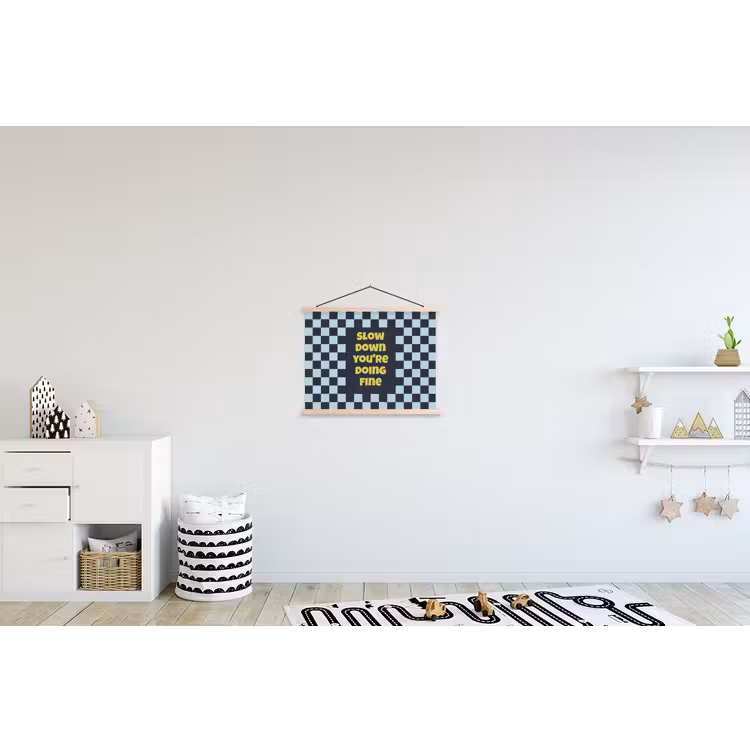 Patroon - Geblok - Blauw - Slow down you're doing fine textielposter latten blank klein -kinderkamer