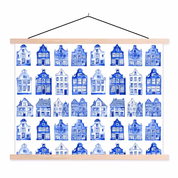Patroon - Huizen - Blauw textielposter latten blank klein 122 -3d