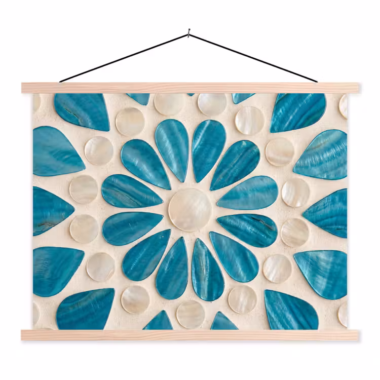 Patroon - Mozaïek - Schelpen - Abstract - Turquoise textielposter latten blank klein -3d
