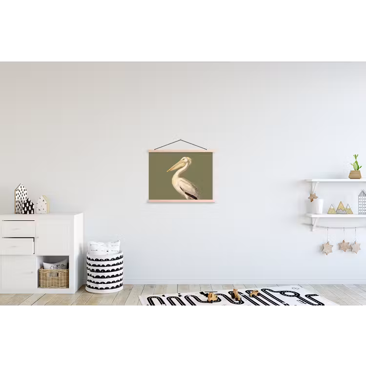 Pelikaan - Wit - Vogel - Klassiek - Natuur textielposter latten blank klein -kinderkamer