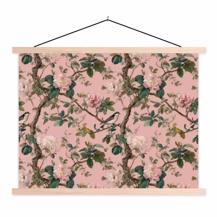 Pioenrozen - Botanisch - Vogel textielposter latten blank klein 122 -3d