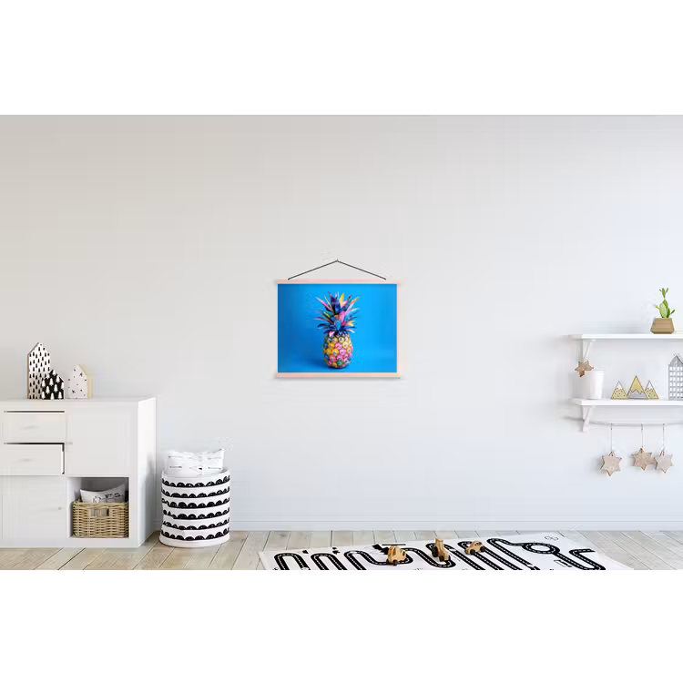 Ananas - Blauw - Tropisch - Vrolijk textielposter latten blank klein -kinderkamer
