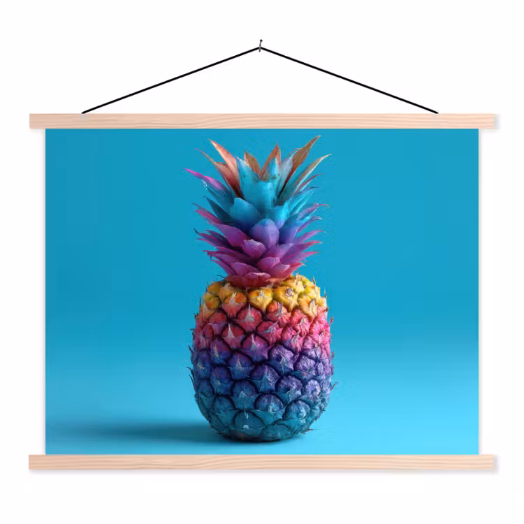 Ananas - Regenboog - Blauw - Popart textielposter latten blank klein -3d