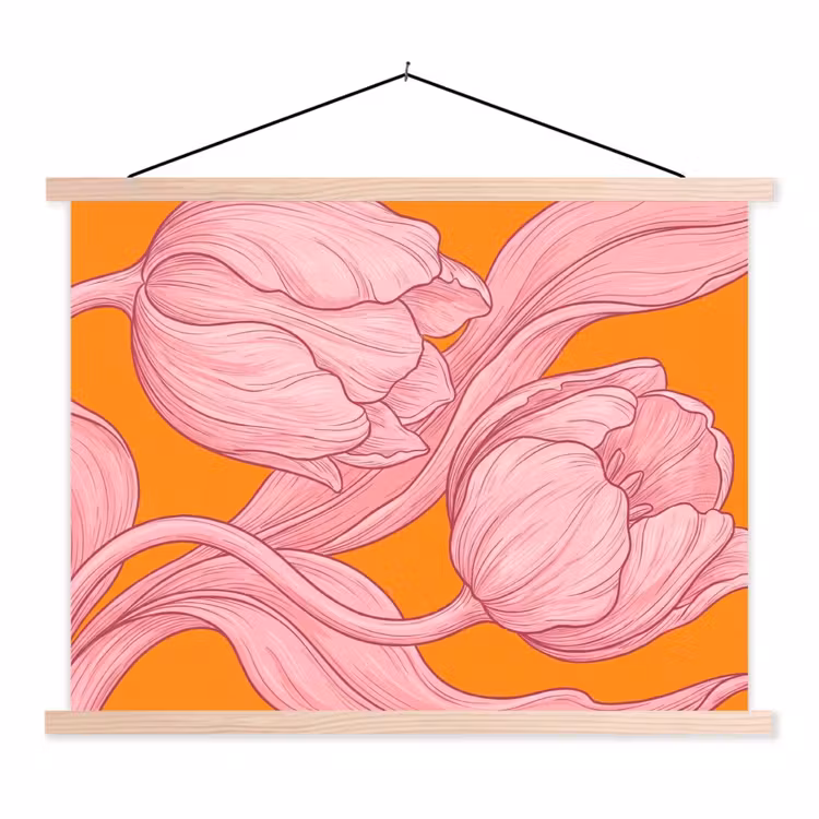 Hanging Poster - Pink Flowers - Modern - Roze bloemen - Modern textielposter latten blank klein