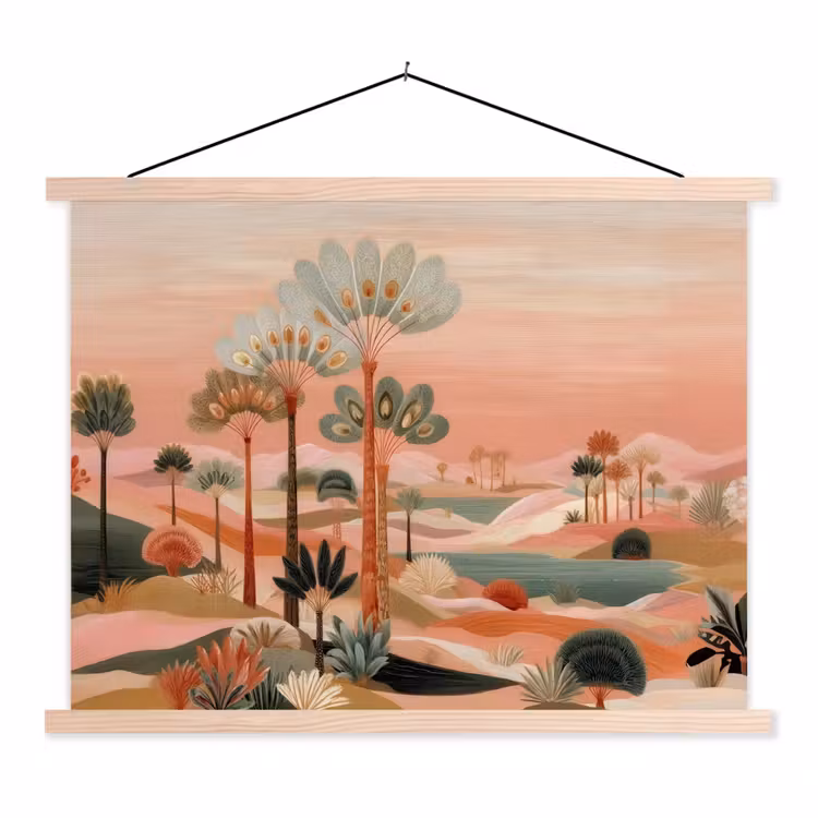 Roze landschap - Palmen - Water textielposter latten blank klein -3d