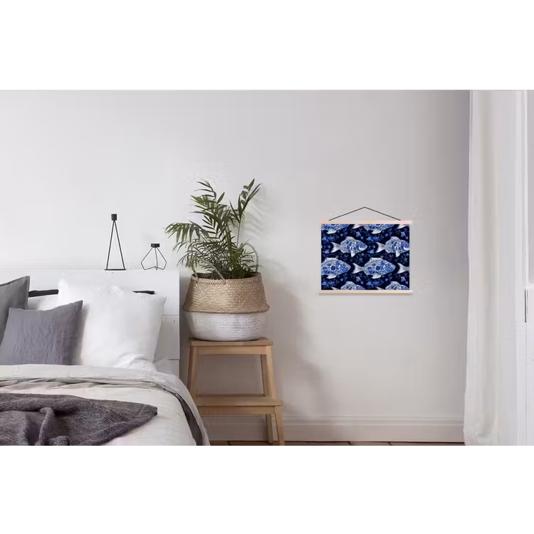 Vissen - Bloemen - Blauw textielposter latten blank klein 122 -woonkamer