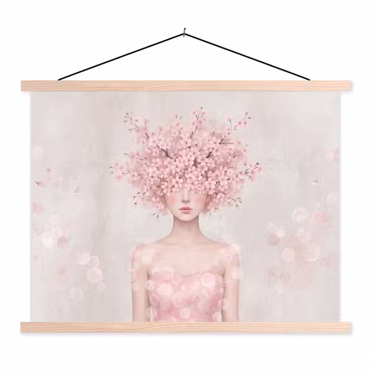 Portret - Kersenbloesem - Roze textielposter latten blank klein -3d