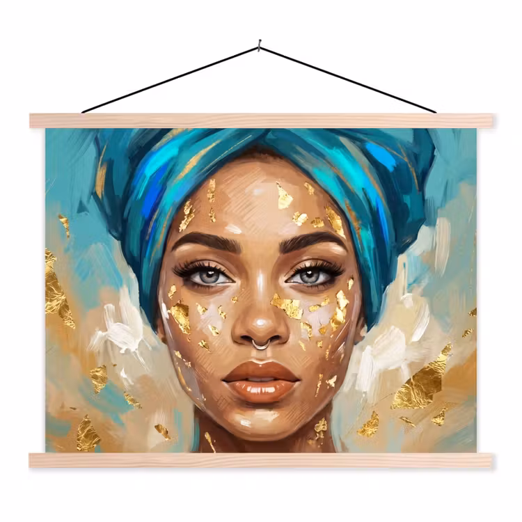 Portret - Vrouw - Schilderij - Blauw - Goud - Expressief textielposter latten blank klein -3d