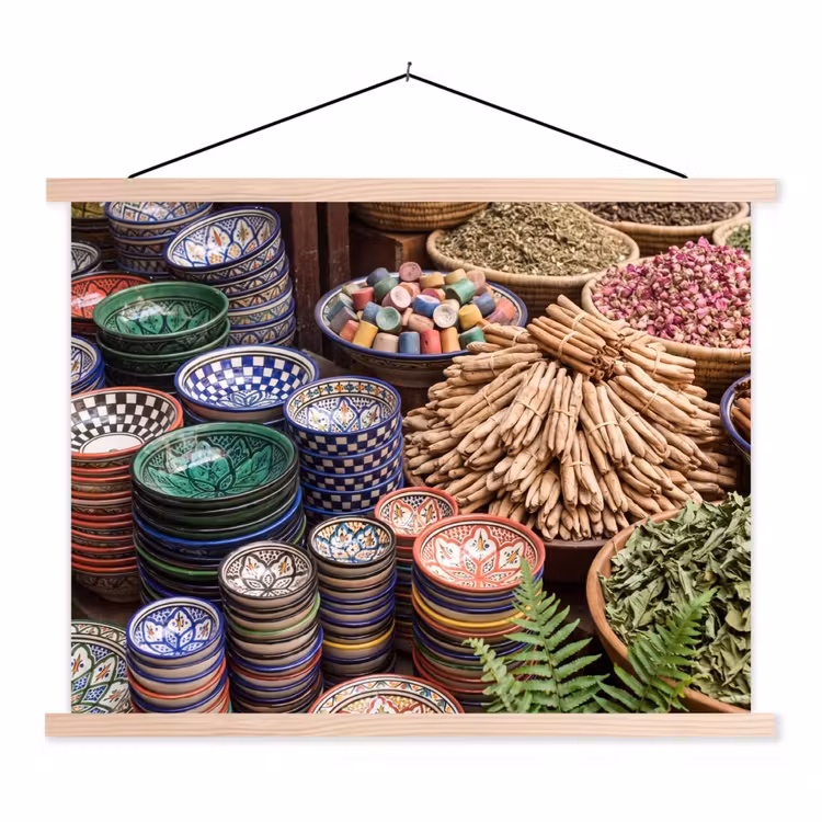 Hanging Poster - Pottery - Oriental - Colorful - Aardewerk - Oosters - Kleurrijk textielposter latten blank klein