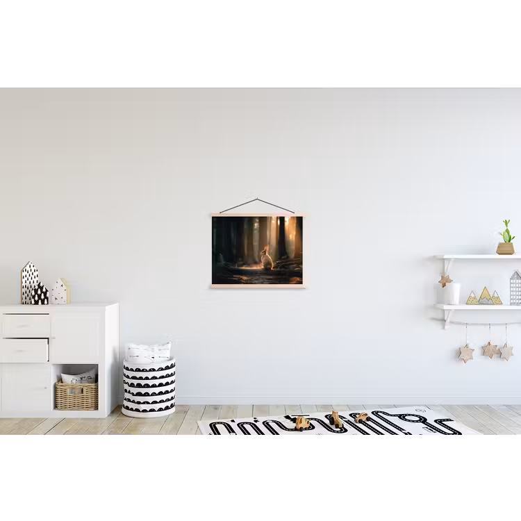 Konijn - Bos - Zonnestralen textielposter latten blank klein -kinderkamer