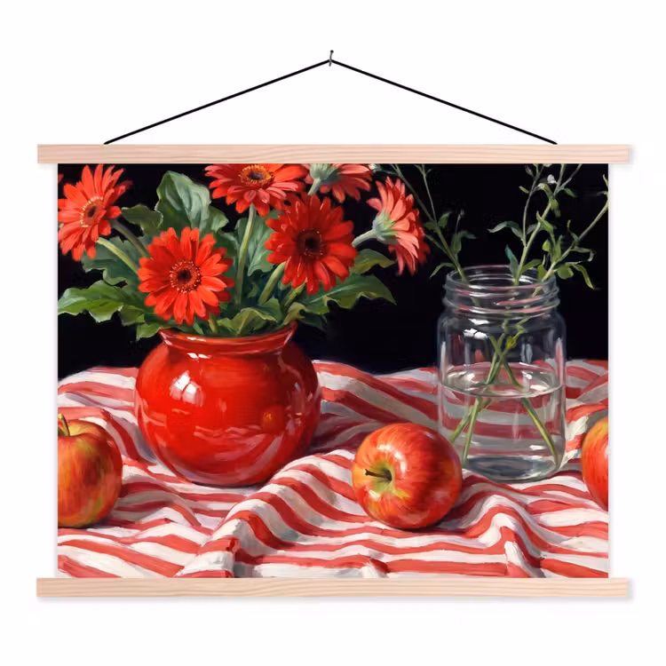 Hanging Poster - Red Flowers - Vase - Rode bloemen - Vaas textielposter latten blank klein