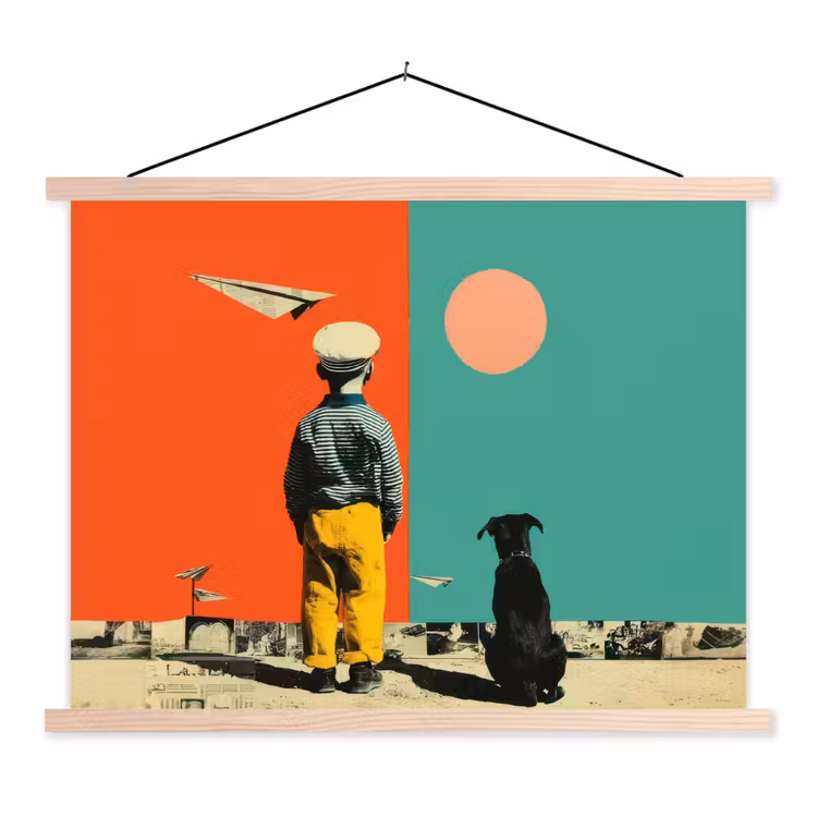 Retro - Jongen - Hond - Rood - Groen textielposter latten blank klein -3d