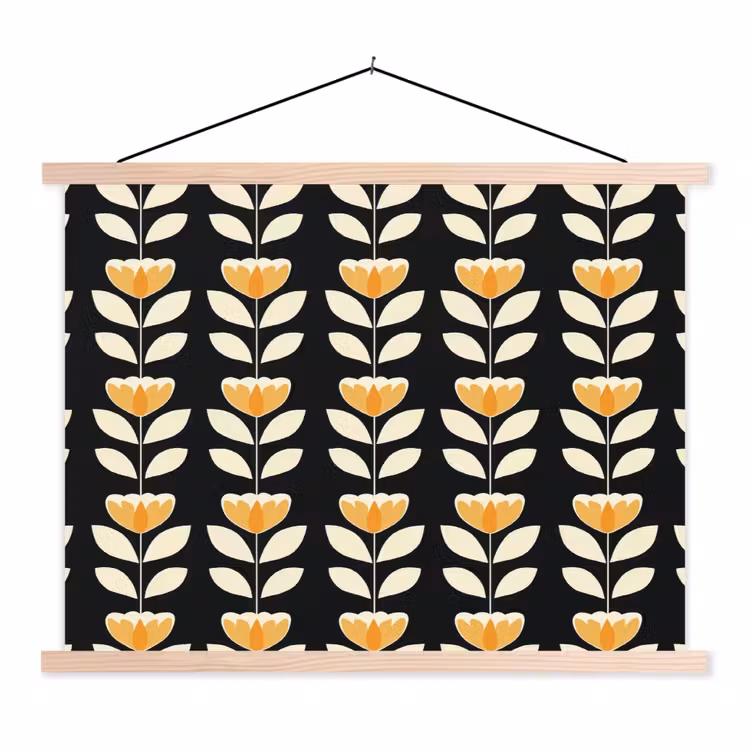 Retro - Bloem - Zwart - Okergeel textielposter latten blank klein 122 -3d
