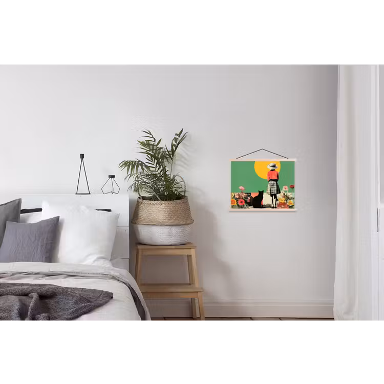Retro - Meisje - Kat - Zon textielposter latten blank klein -woonkamer