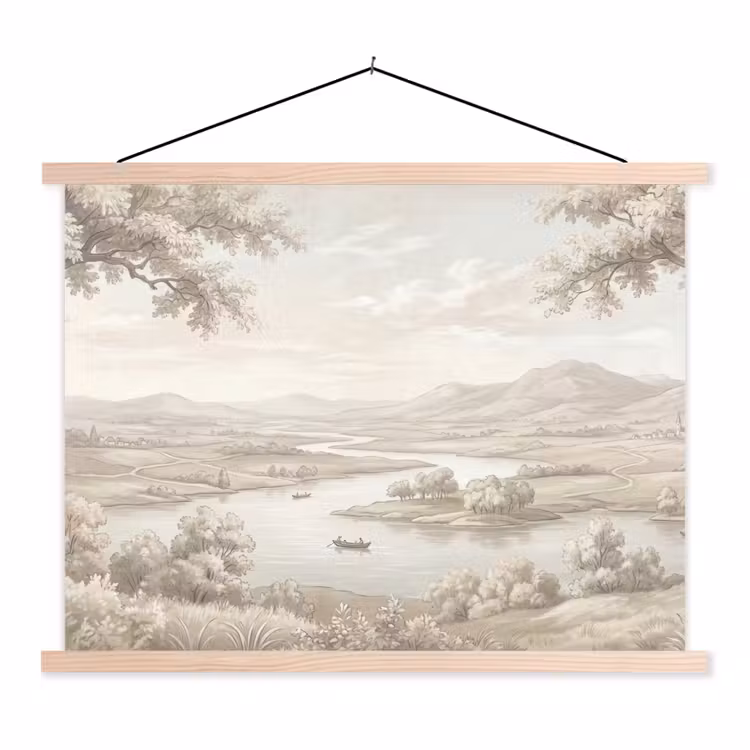 Rivierlandschap - Bergen - Natuur - Vintage - Beige textielposter latten blank klein -3d