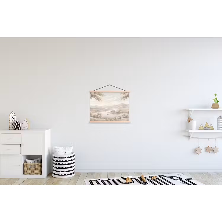 Rivierlandschap - Bergen - Natuur - Vintage - Beige textielposter latten blank klein -kinderkamer