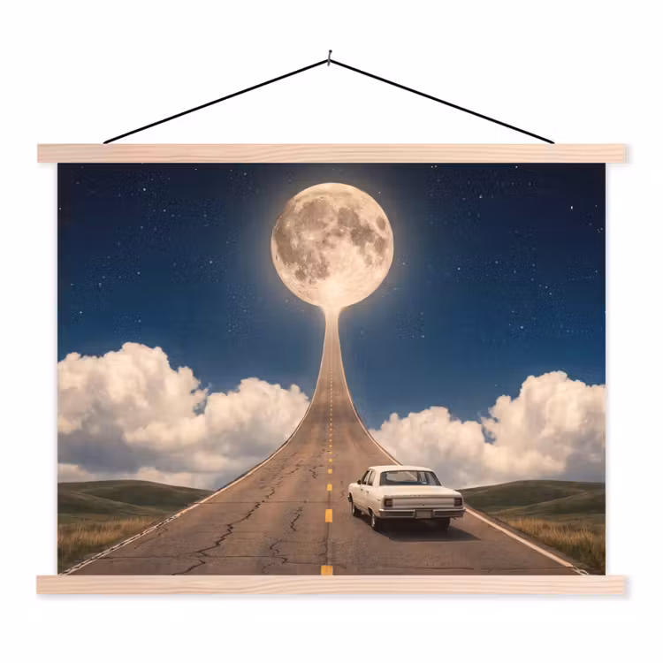 Hanging Poster - Road - Moon - Night - Weg - Maan - Nacht textielposter latten blank klein