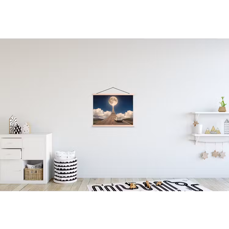 Hanging Poster - Road - Moon - Night - Weg - Maan - Nacht textielposter latten blank klein