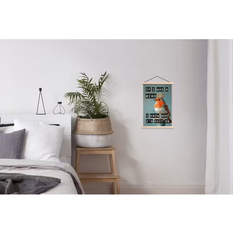 Roodborstje - Vogel - Blauw - Decoratie textielposter latten blank klein -woonkamer
