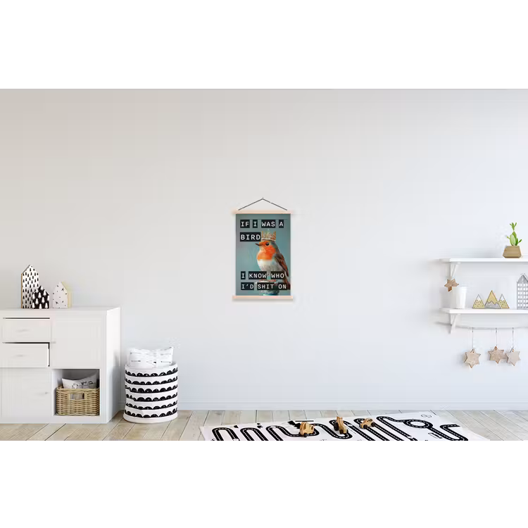 Roodborstje - Vogel - Blauw - Decoratie textielposter latten blank klein -kinderkamer