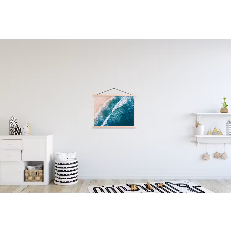 Zee - Strand - Golven - Natuur - Blauw textielposter latten blank klein -kinderkamer