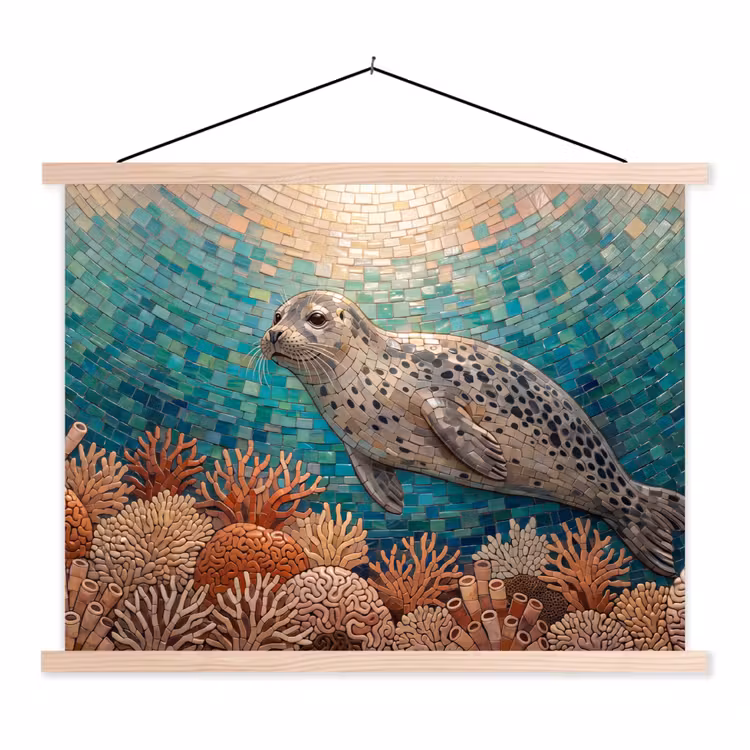 Zeehond - Mozaïek - Onderwater - Dieren - Blauw textielposter latten blank klein -3d