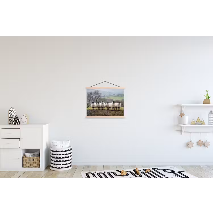 Schapen - Rij - Weide - Dieren - Platteland textielposter latten blank klein -kinderkamer