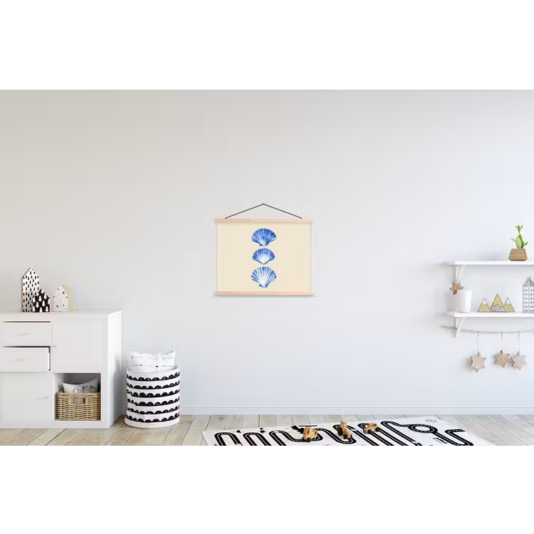Schelpen - Blauw - Beige textielposter latten blank klein -kinderkamer