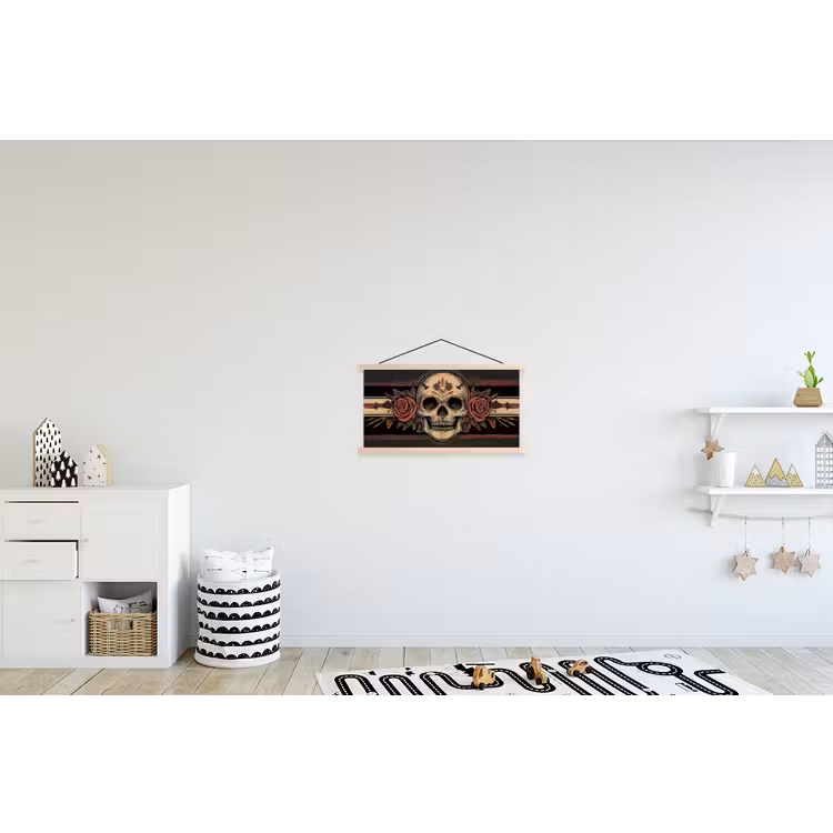 Schedel - Rozen - Gotisch textielposter latten blank klein -kinderkamer