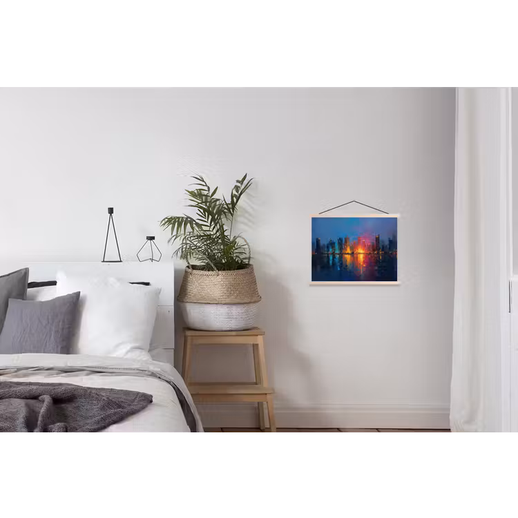 Skyline - Penseelstreken - Donkerblauw - Lichtgevend textielposter latten blank klein -woonkamer