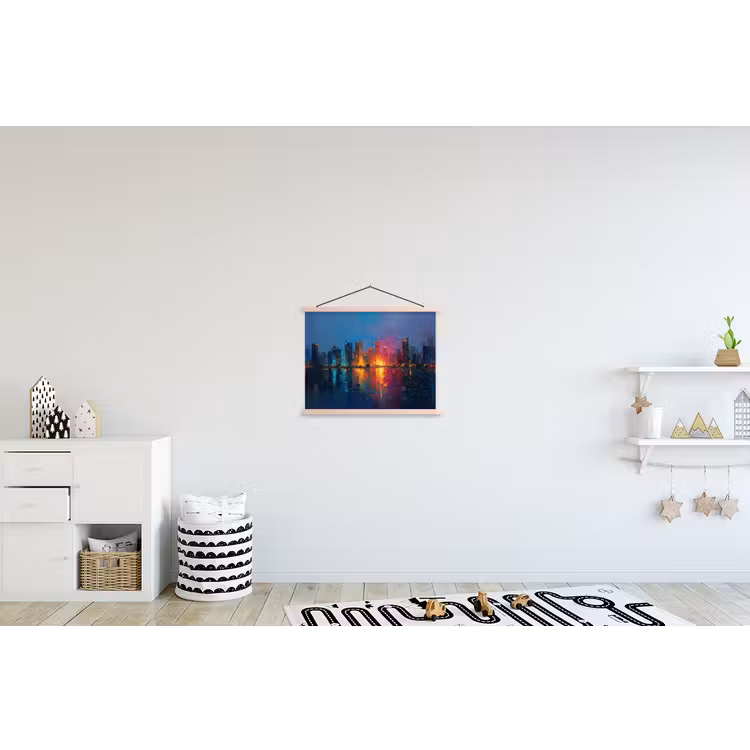 Skyline - Penseelstreken - Donkerblauw - Lichtgevend textielposter latten blank klein -kinderkamer