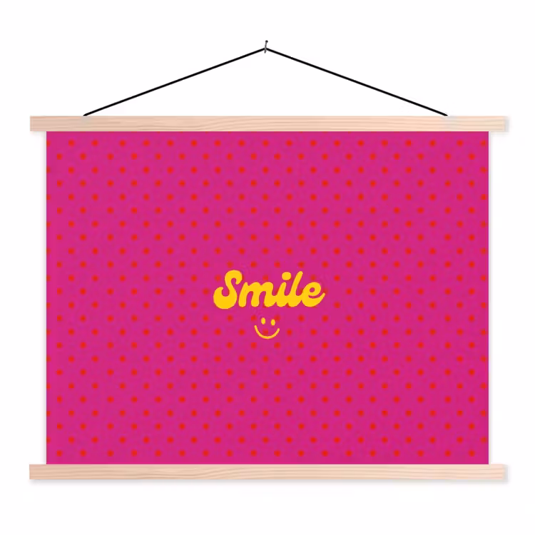 Smile - Stippen - Geel - Smiley - Roze textielposter latten blank klein -3d