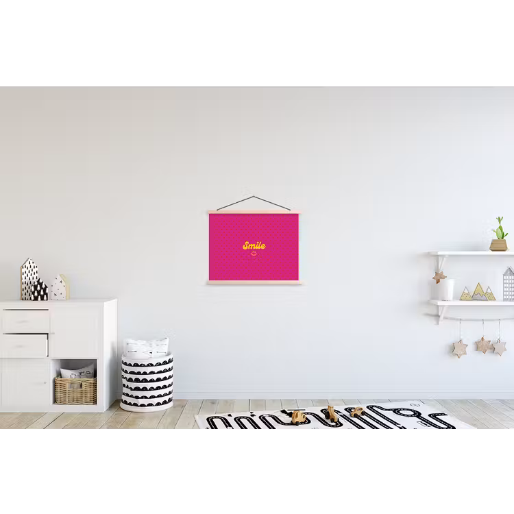 Smile - Stippen - Geel - Smiley - Roze textielposter latten blank klein -kinderkamer