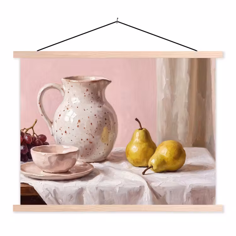 Hanging Poster - Still Life - Fruit - Pink - Stilleven - Fruit - Roze textielposter latten blank klein