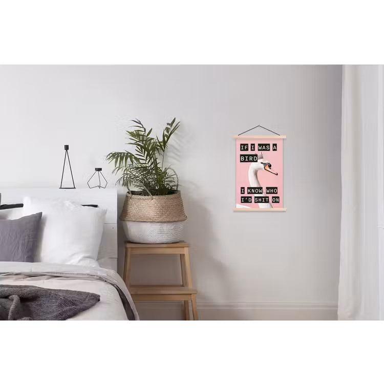 Zwaan - Vogel - Decoratie - Roze textielposter latten blank klein -woonkamer