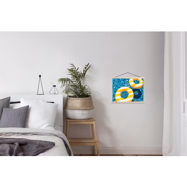 Zwembad - Zwembanden - Zomer - Geel - Blauw textielposter latten blank klein -woonkamer