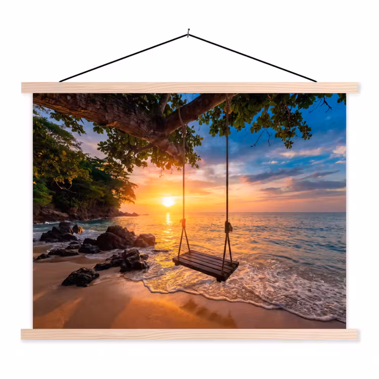 Schommel - Strand - Zonsondergang - Natuur - Oranje textielposter latten blank klein -3d