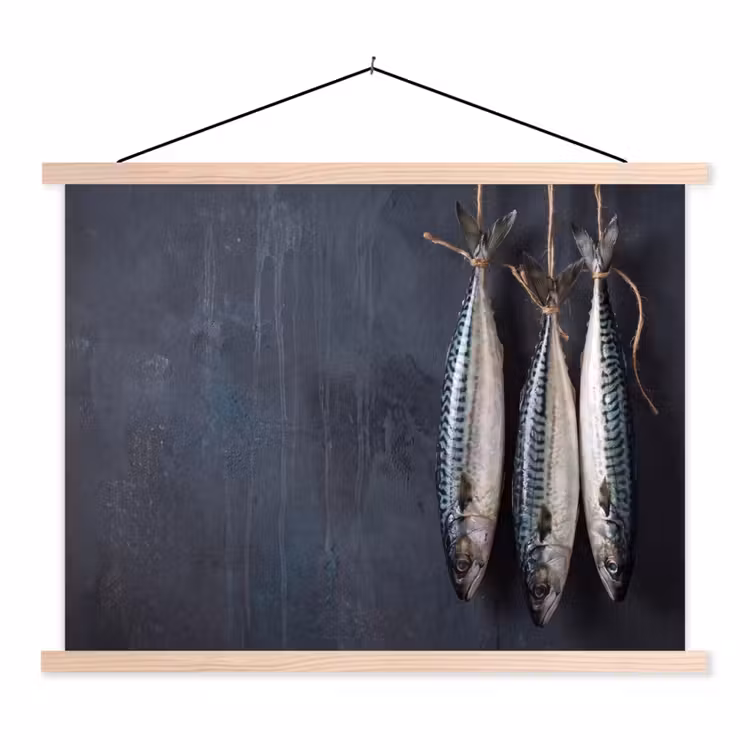 Hanging Poster - Three Fish - Rope - Drie vissen - Touw textielposter latten blank klein