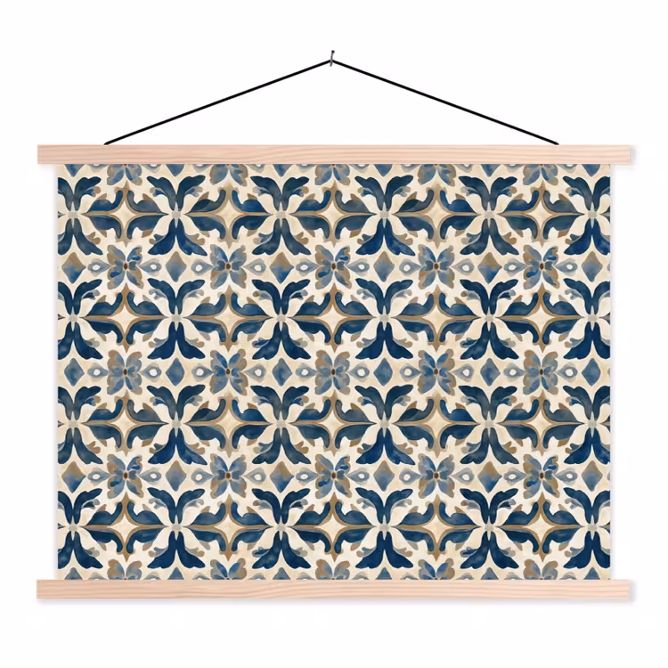 Tegel - Patroon - Blauw - Beige textielposter latten blank klein 122 -3d