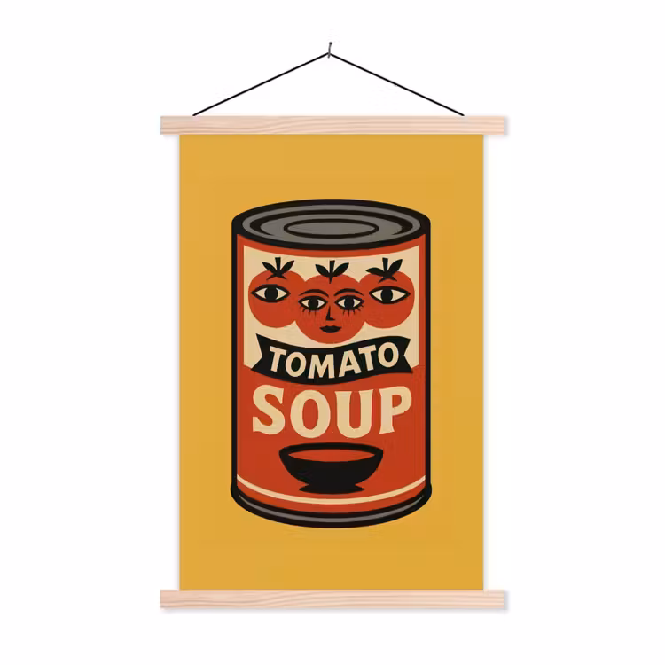 Tomatensoep - Gezichtje - Illustratie - Rood textielposter latten blank klein -3d
