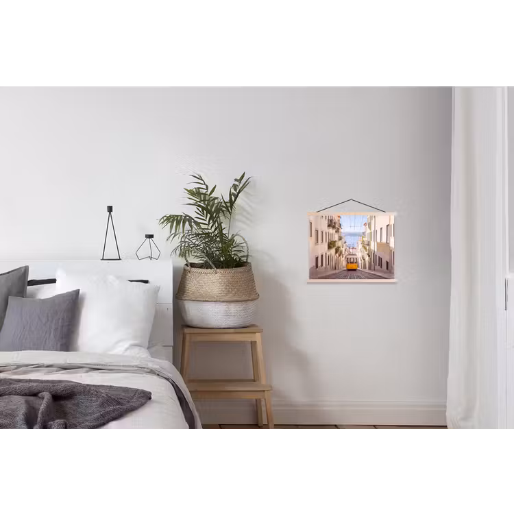 Tram - Straat - Stad - Architectuur - Geel textielposter latten blank klein -woonkamer