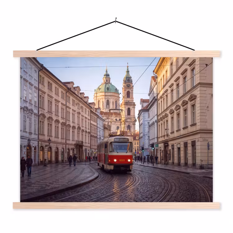 Tram - Straat - Stadsgezicht - Klassiek - Rood textielposter latten blank klein -3d