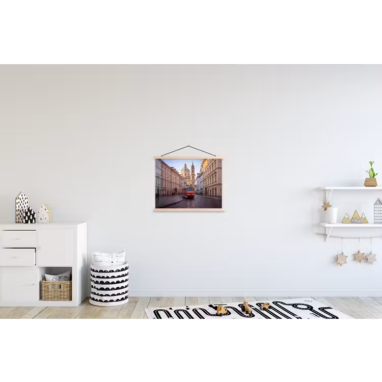Tram - Straat - Stadsgezicht - Klassiek - Rood textielposter latten blank klein -kinderkamer
