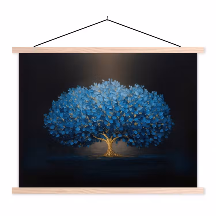 Boom - Blauw - Bladeren - Penseelstreken textielposter latten blank klein -3d