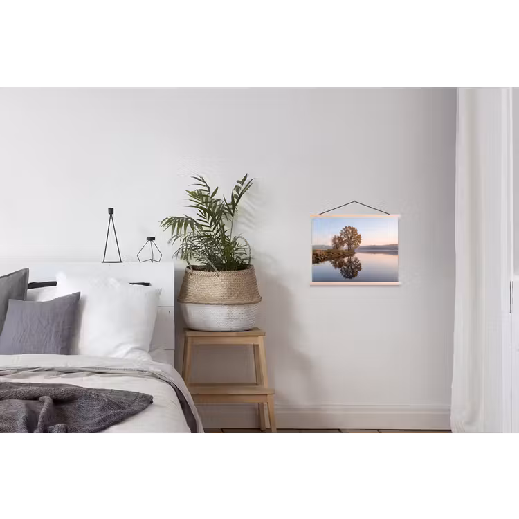 Bomen - Reflectie - Water - Zonsopgang - Serene textielposter latten blank klein -woonkamer
