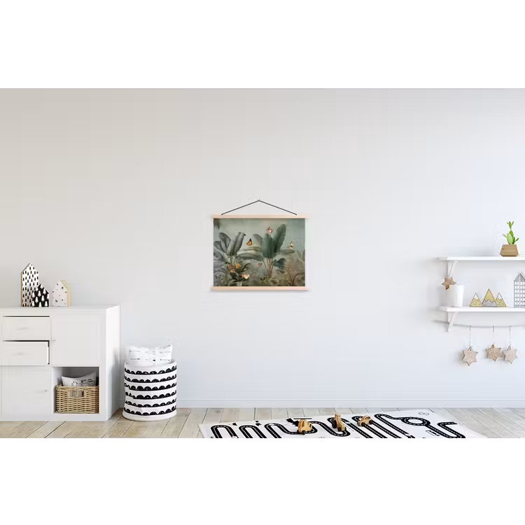 Tropisch bladerdek - Vlinders - groen - Bruin textielposter latten blank klein -kinderkamer