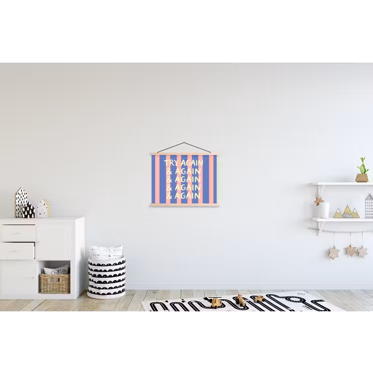Try again - Strepen - Roze - Verticaal - Blauw textielposter latten blank klein -kinderkamer