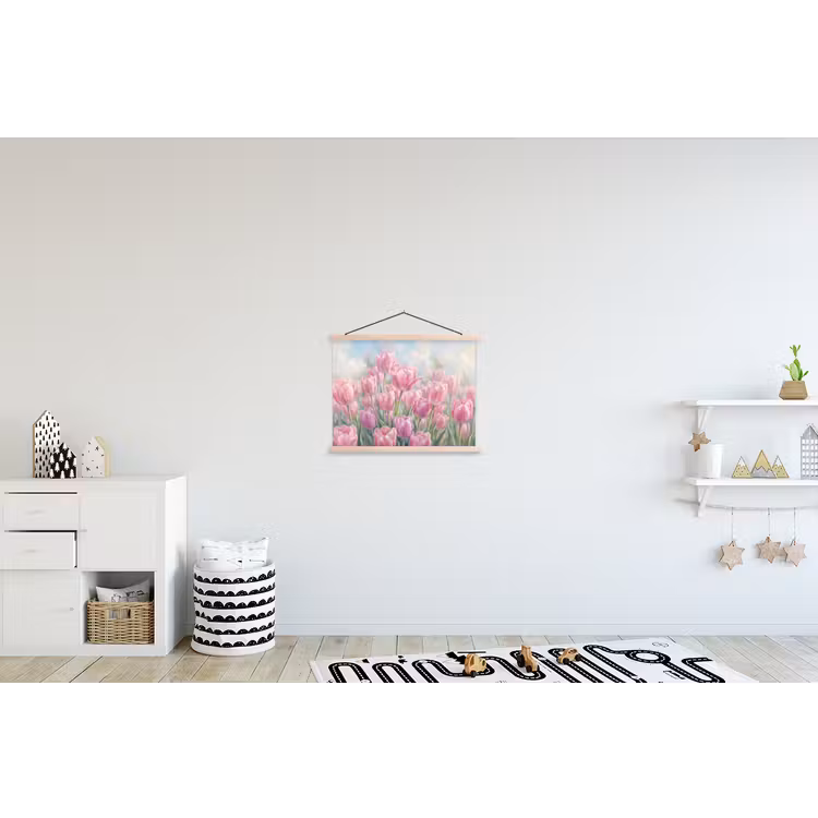 Tulpen - Veld - Lente - Roze textielposter latten blank klein -kinderkamer